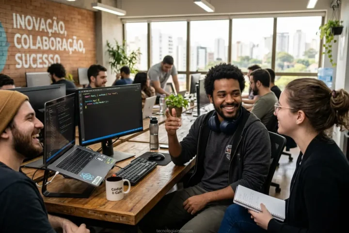 Jovem programador sorrindo em reunião, exemplificando soft skills para programadores.
