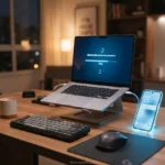 Laptop e smartphone acesos mostrando processos de restauração de arquivos perdidos em um escritório.