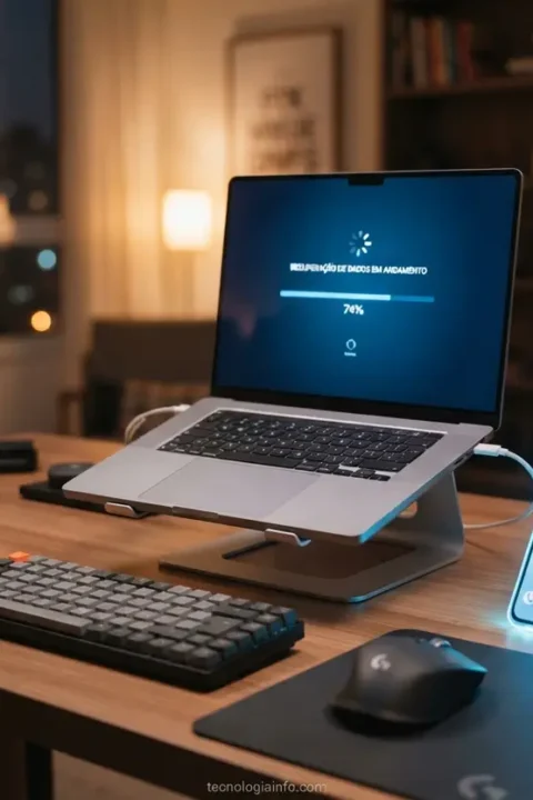 Laptop e smartphone acesos mostrando processos de restauração de arquivos perdidos em um escritório.