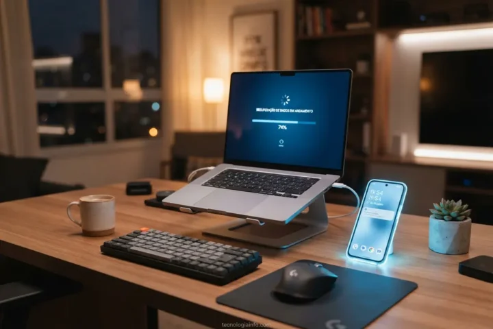 Laptop e smartphone acesos mostrando processos de restauração de arquivos perdidos em um escritório.