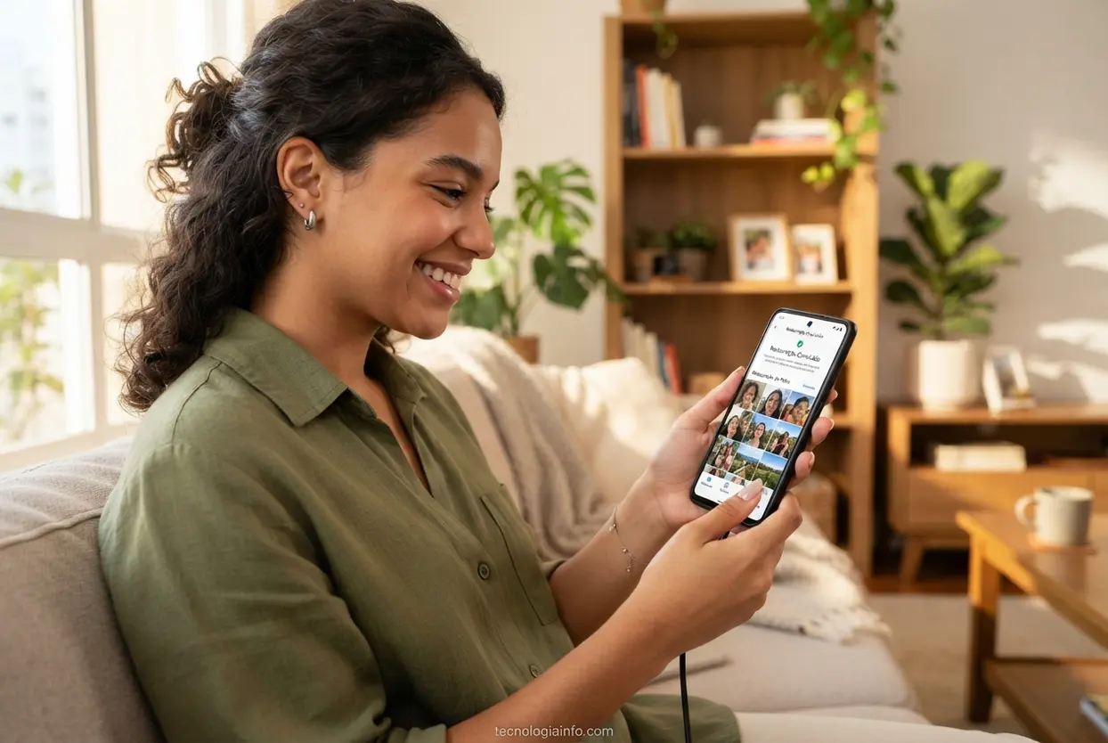 Recuperando fotos deletadas no smartphone Mãos segurando celular que exibe o progresso de restauração de fotos apagadas com sucesso.