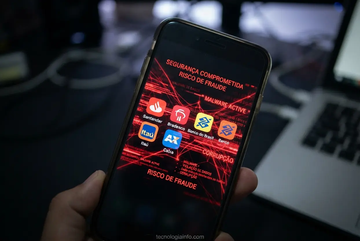 Vírus de celular e ameaça hacker Tela de smartphone sofrendo invasão hacker de malware bancário simulado.