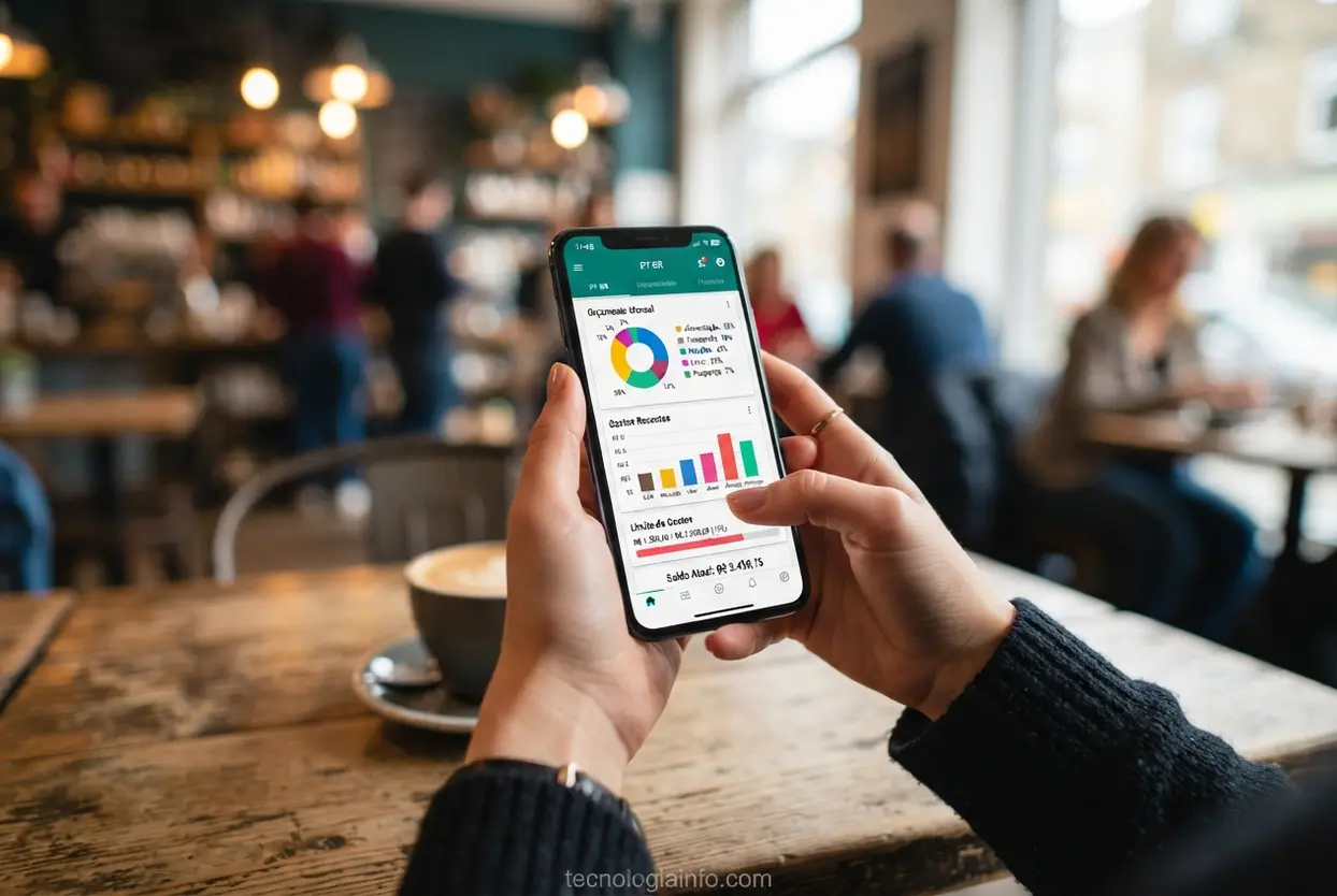 Aplicativo financeiro na tela do celular Mãos de mulher segurando celular com gráficos coloridos de aplicativo financeiro