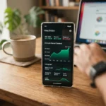 Smartphone mostrando aplicativo de planejamento financeiro pessoal em cima de mesa de madeira ao lado de xícara de café