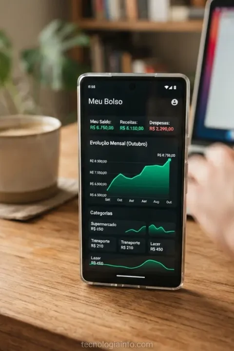 Smartphone mostrando aplicativo de planejamento financeiro pessoal em cima de mesa de madeira ao lado de xícara de café