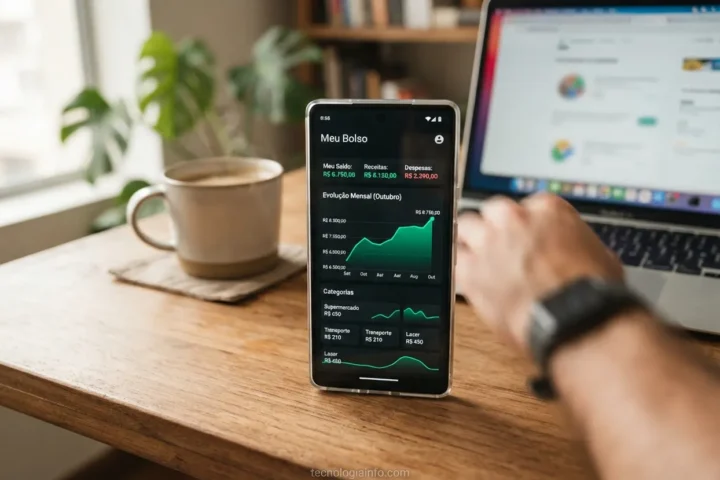 Smartphone mostrando aplicativo de planejamento financeiro pessoal em cima de mesa de madeira ao lado de xícara de café