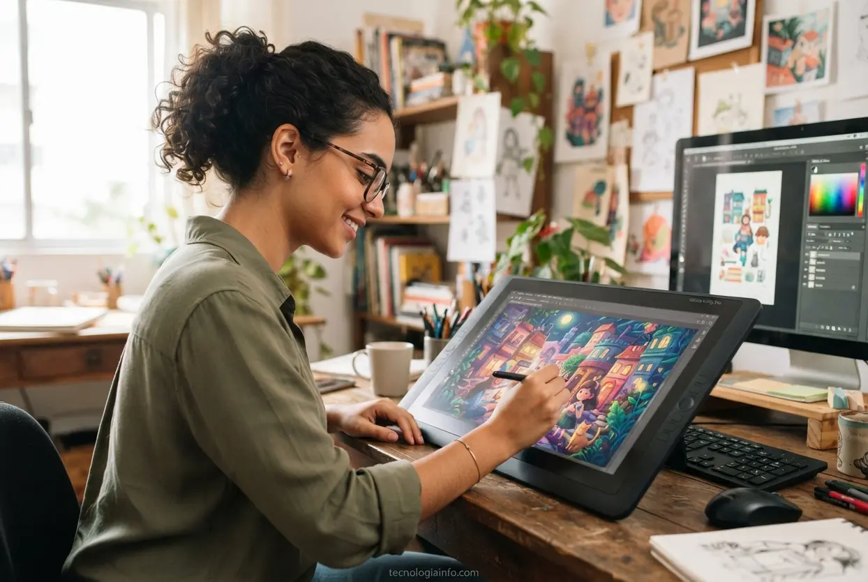 criacao de imagens com inteligencia artificial Designer criando ilustrações digitais de alta qualidade em seu estúdio de arte