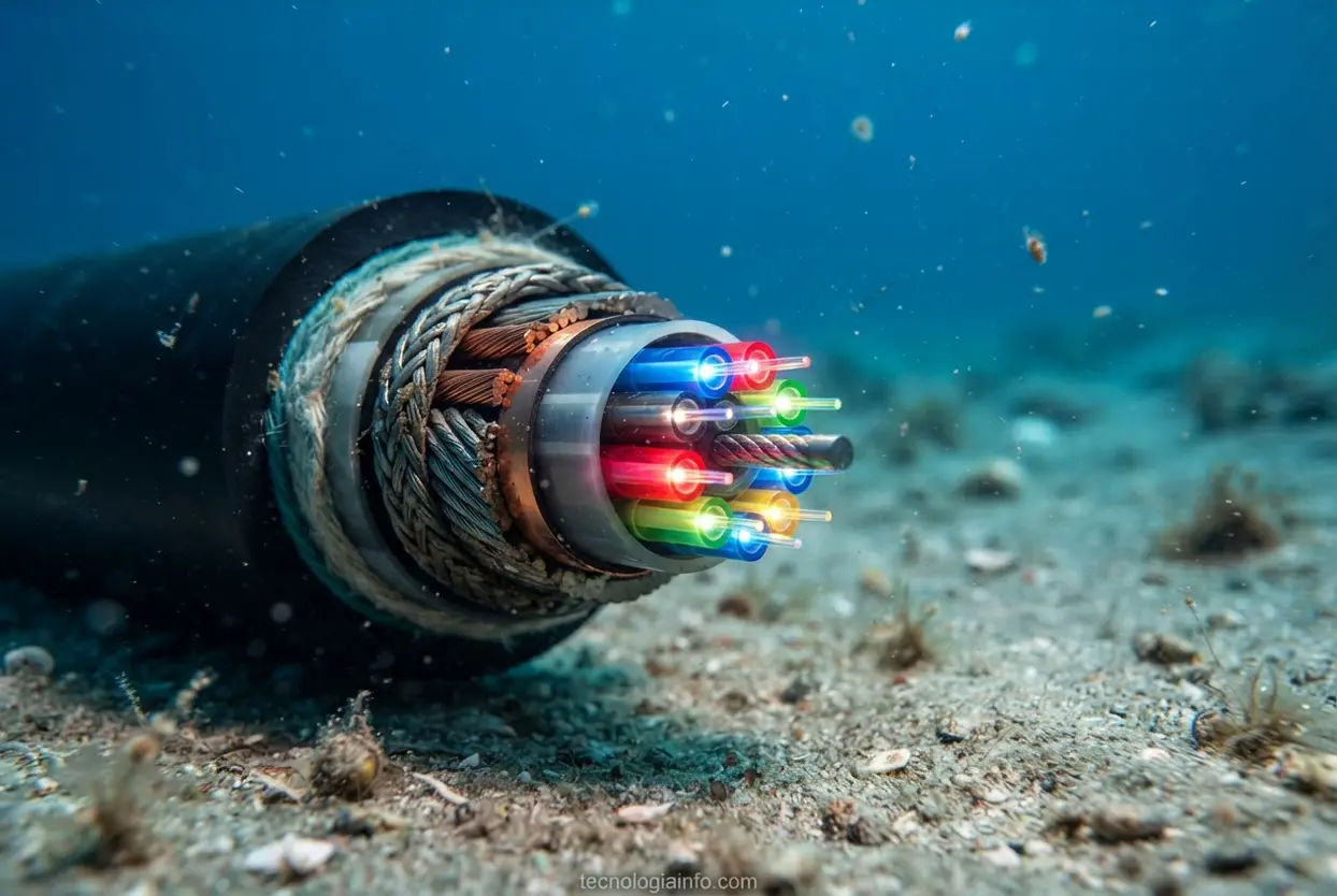 Corte transversal de um cabo de fibra óptica mostrando filamentos brilhantes e camadas de metal.