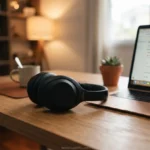 Headset com cancelamento de ruído preto sobre mesa de madeira ao lado de laptop.
