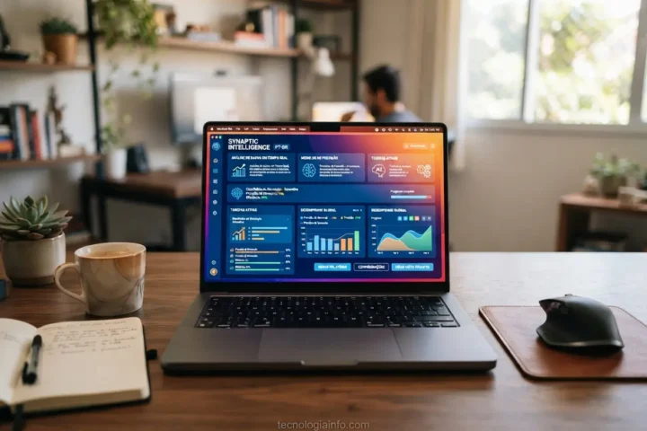 Espaço de trabalho moderno com computador ilustrando os benefícios do ChatGPT Plus no dia a dia