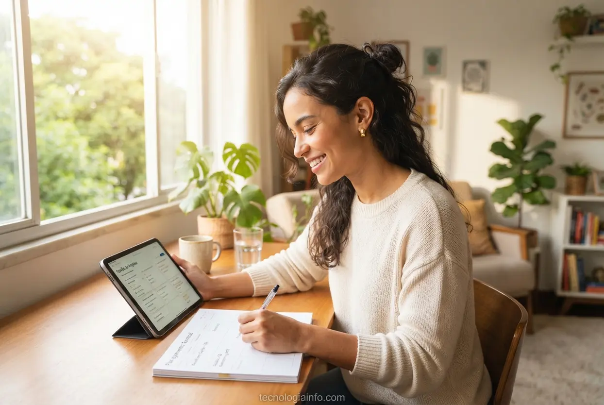 Jovem organizando finanças no tablet Jovem analisando suas finanças em um tablet moderno com tranquilidade