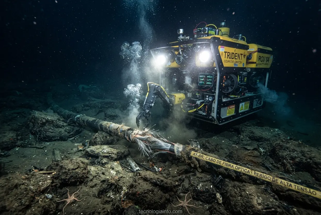Robô subaquático amarelo inspecionando um longo cabo de dados no assoalho oceânico.