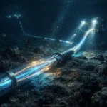 Ilustração realista de cabos submarinos emitindo luz azul no fundo do mar.
