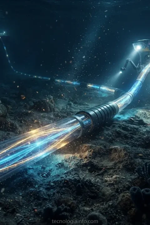 Ilustração realista de cabos submarinos emitindo luz azul no fundo do mar.