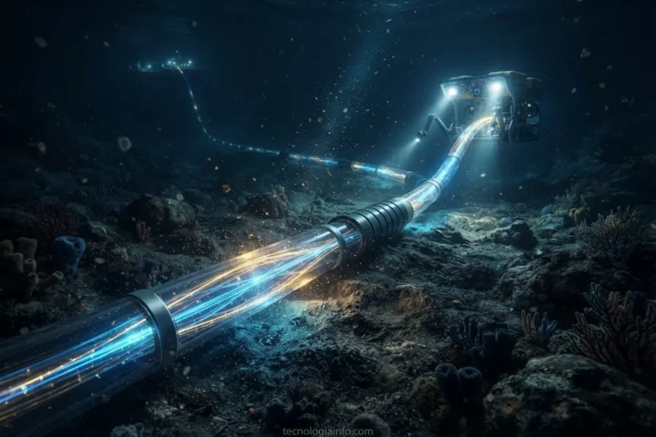 Ilustração realista de cabos submarinos emitindo luz azul no fundo do mar.