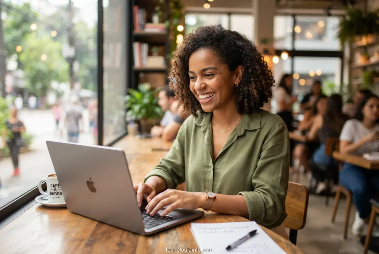 trabalho rapido com inteligência artificial Jovem trabalhando de forma rápida em seu laptop em um café moderno