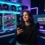 Criador de conteúdo sorrindo enquanto acompanha os melhores horários para postar em seu smartphone.