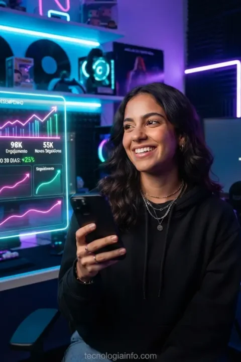 Criador de conteúdo sorrindo enquanto acompanha os melhores horários para postar em seu smartphone.