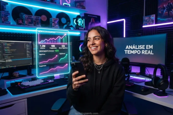 Criador de conteúdo sorrindo enquanto acompanha os melhores horários para postar em seu smartphone.