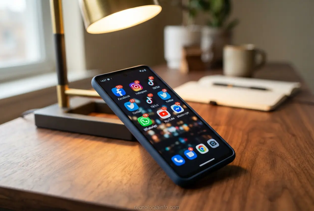 Celular sobre mesa de madeira exibindo notificações de redes sociais ativas.