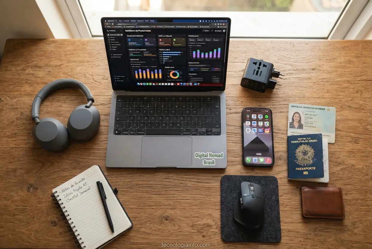 Tecnologia e ferramentas de apoio Equipamentos tecnológicos e notebook para trabalho remoto itinerante